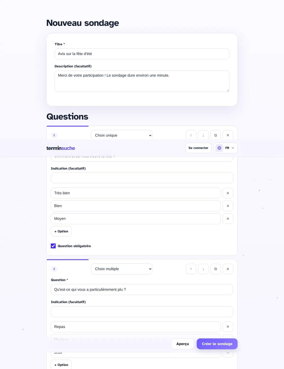 Questionnaire dans l’éditeur : titre, description et questions