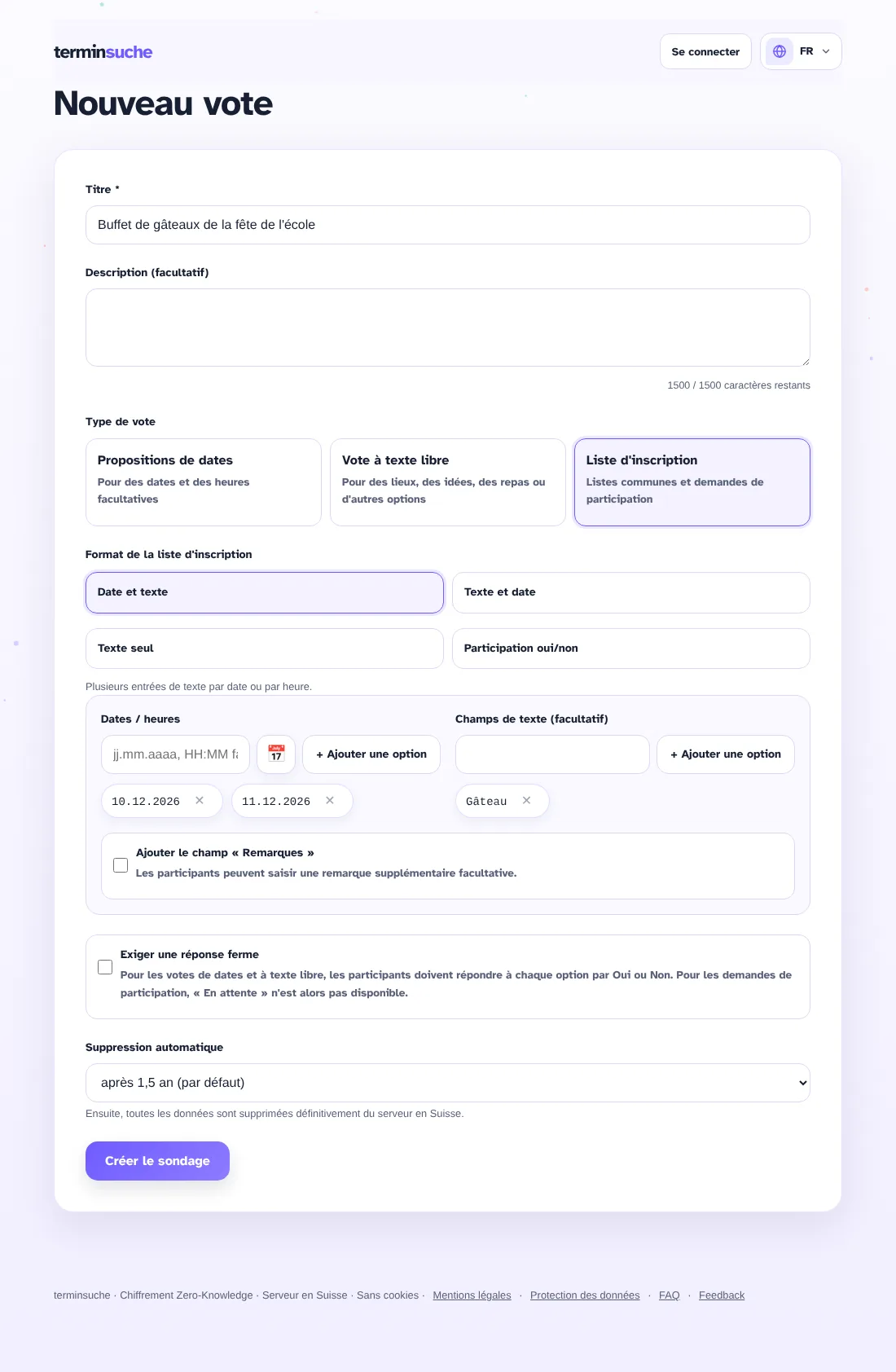 Formulaire de création d’une liste d’inscription avec dates et textes