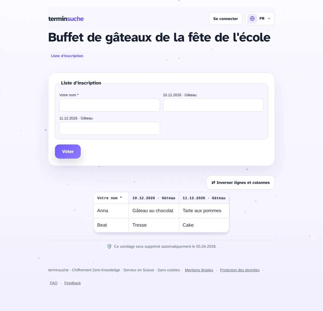 Liste d’inscription avec les entrées de deux personnes