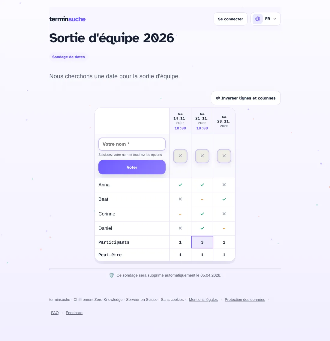Vue participant d’un sondage de dates avec quatre participants et ligne de totaux